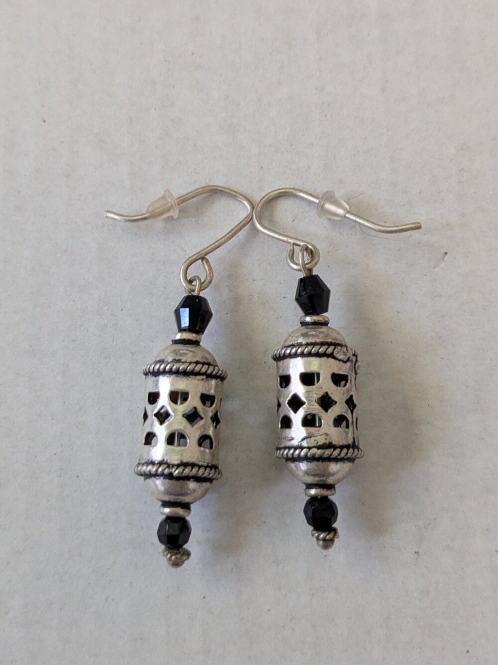 925 Sterling Silver Ethnic Tube Beads Black Beaded Accents Dangle Earrings